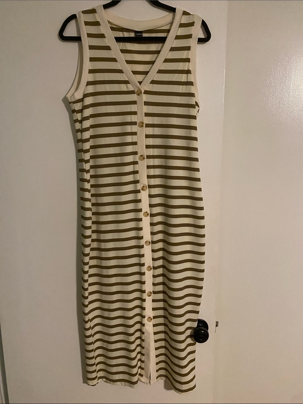 SHEIN Brown and Cream Striped Sleeveless Midi Button-Front Dress - Picture 1 of 3